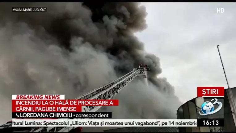 Fabrica de mezeluri in flacari, pompierii se lupta sa stinga focul